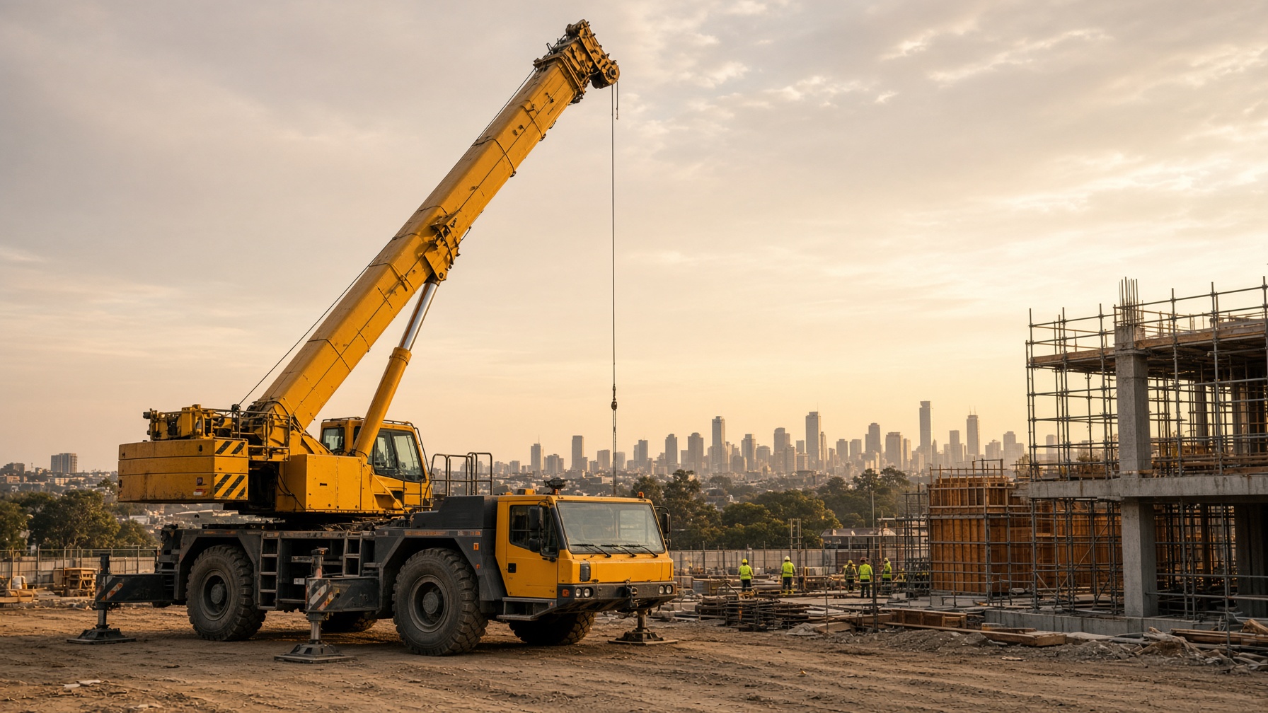Tadano 30-tonne crane on a Sydney construction site at late afternoon