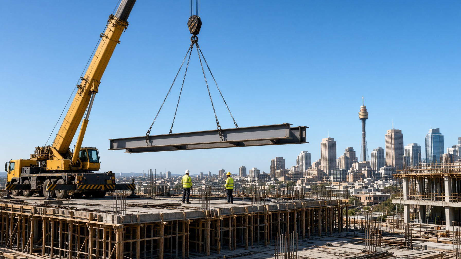 Mobile crane lifting a steel I-beam